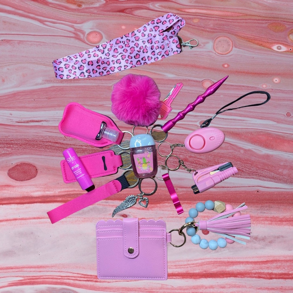 Pink Safety Keychain with Leopard Lanyard & Pink ID Wristlet Set